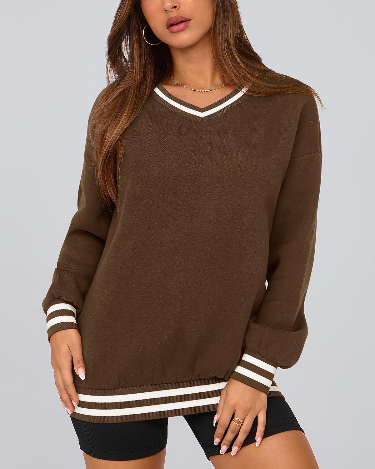 image:imagePRETTYGARDEN Womens Fall Color Block Oversized SweatshirtsBrown