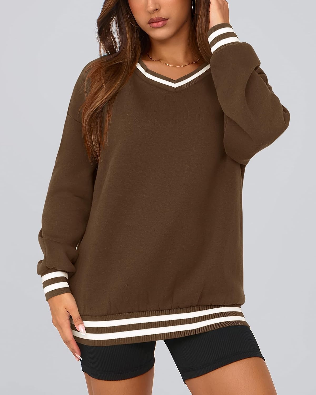 image:imagePRETTYGARDEN Womens Fall Color Block Oversized SweatshirtsBrown