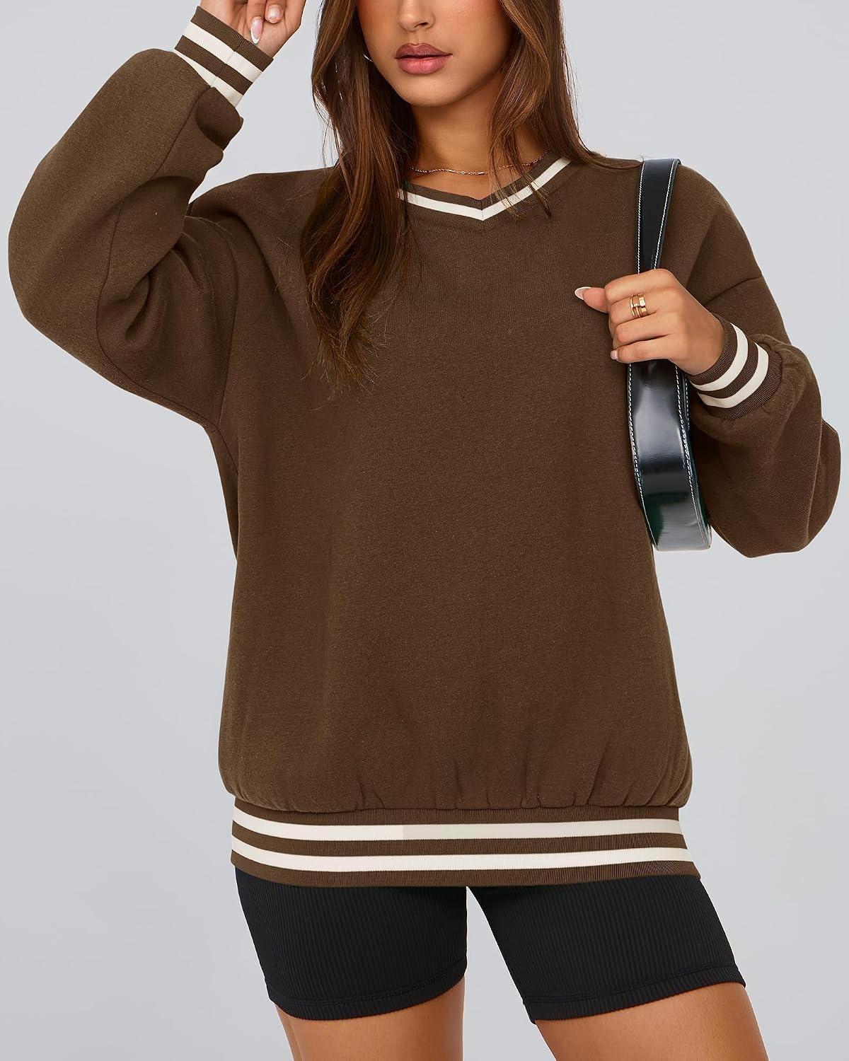 image:imagePRETTYGARDEN Womens Fall Color Block Oversized SweatshirtsBrown