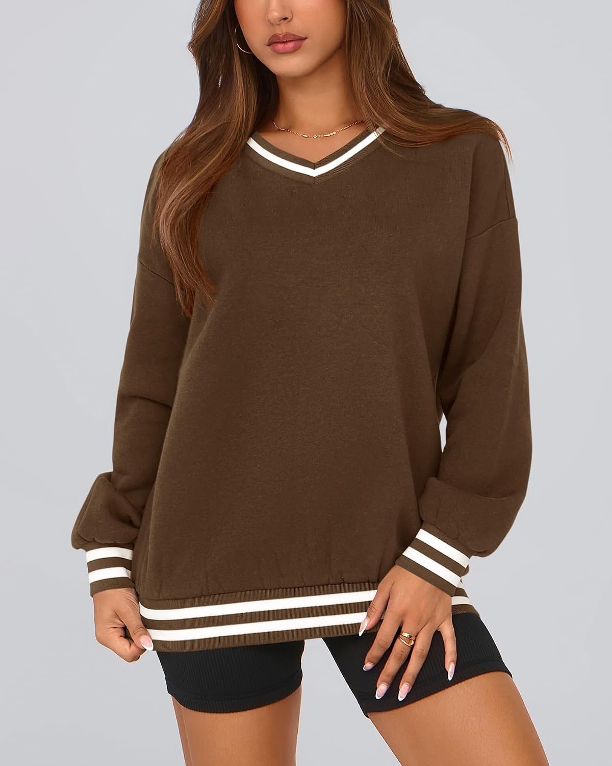 image:imagePRETTYGARDEN Womens Fall Color Block Oversized SweatshirtsBrown