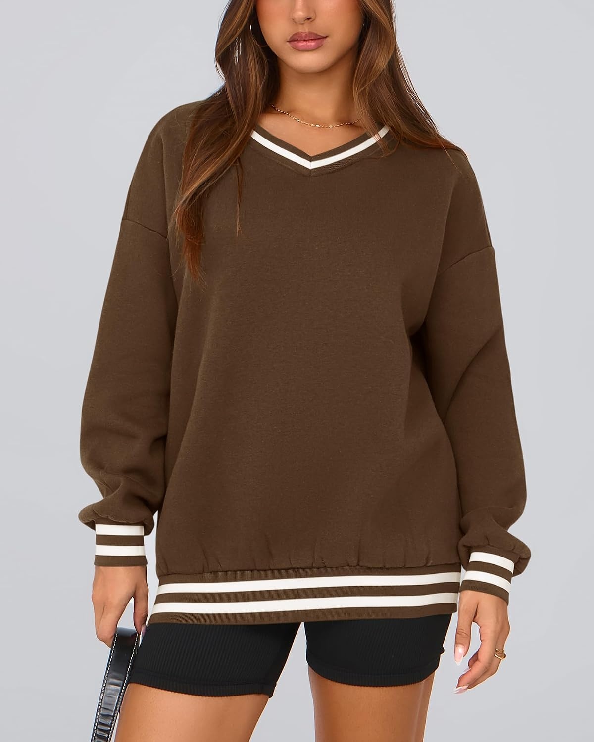 image:imagePRETTYGARDEN Womens Fall Color Block Oversized SweatshirtsBrown
