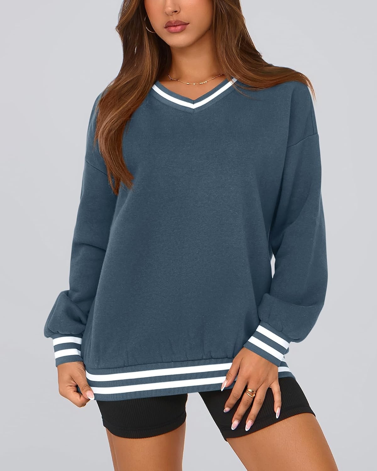 image:imagePRETTYGARDEN Womens Fall Color Block Oversized SweatshirtsGrey Blue
