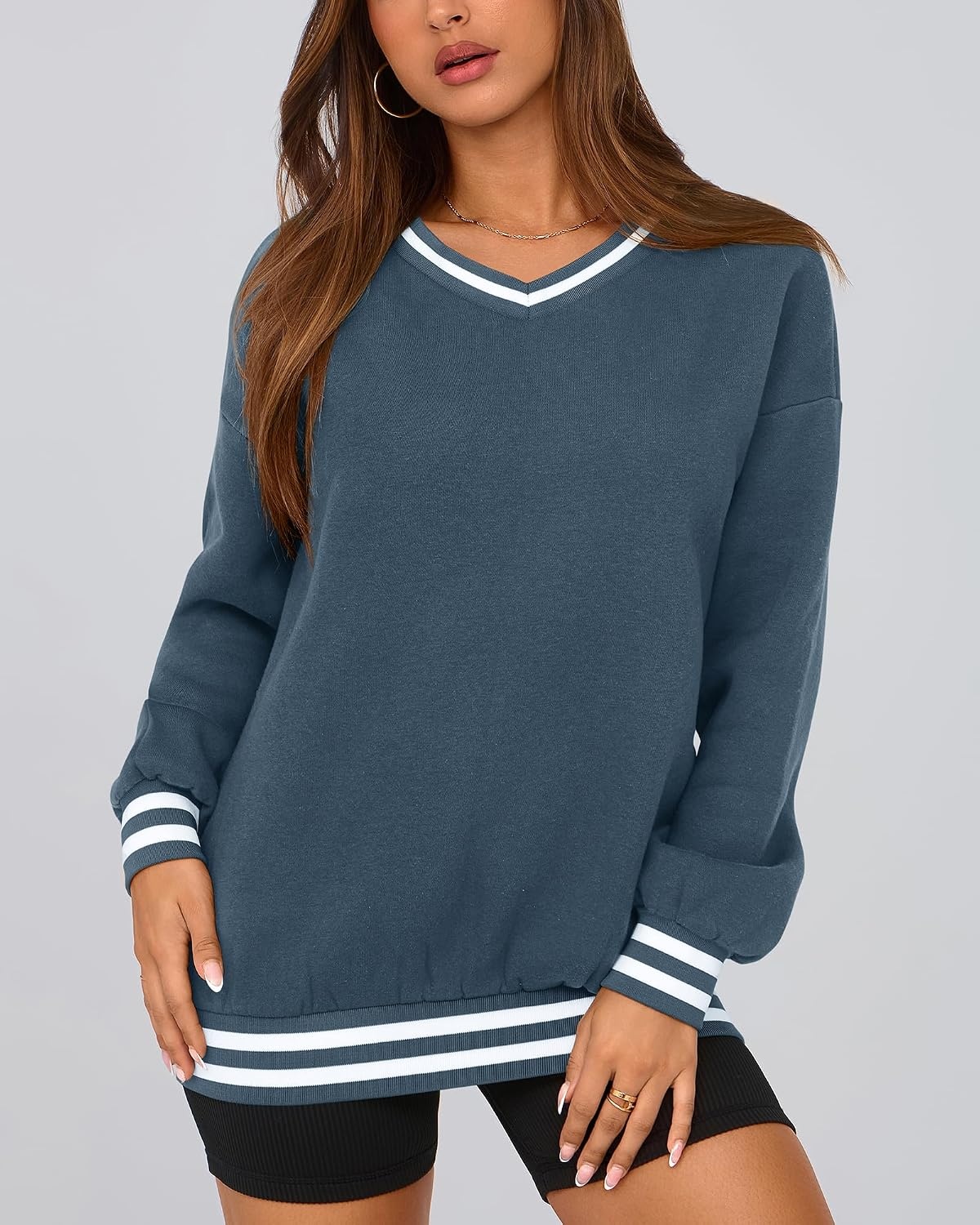 image:imagePRETTYGARDEN Womens Fall Color Block Oversized SweatshirtsGrey Blue