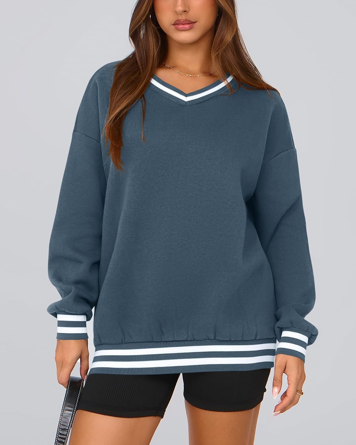 image:imagePRETTYGARDEN Womens Fall Color Block Oversized SweatshirtsGrey Blue