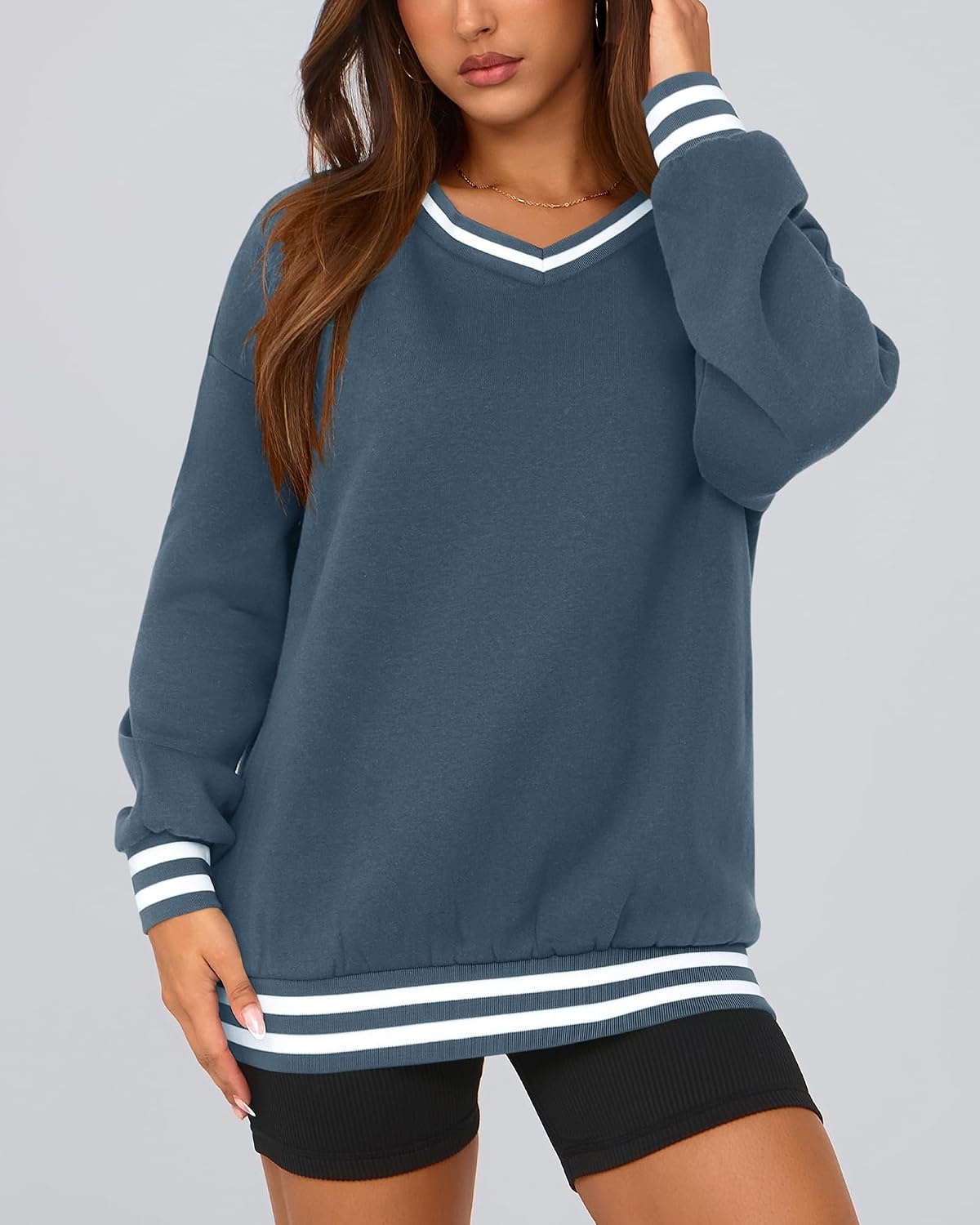 image:imagePRETTYGARDEN Womens Fall Color Block Oversized SweatshirtsGrey Blue