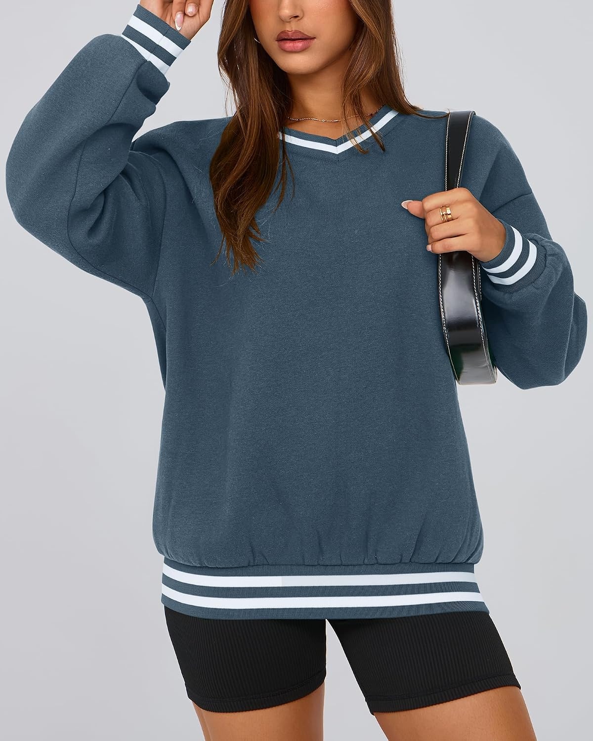 image:imagePRETTYGARDEN Womens Fall Color Block Oversized SweatshirtsGrey Blue