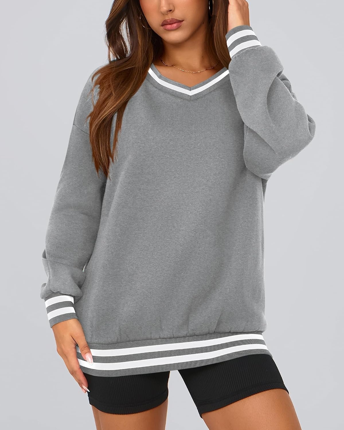image:imagePRETTYGARDEN Womens Fall Color Block Oversized SweatshirtsLight Grey