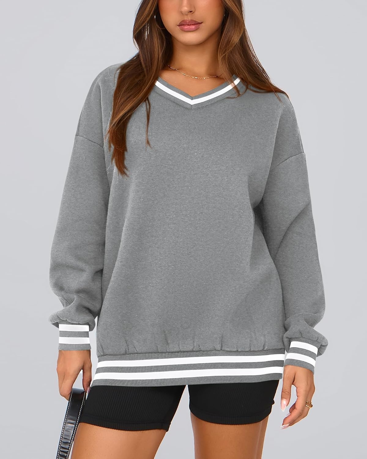 image:imagePRETTYGARDEN Womens Fall Color Block Oversized SweatshirtsLight Grey