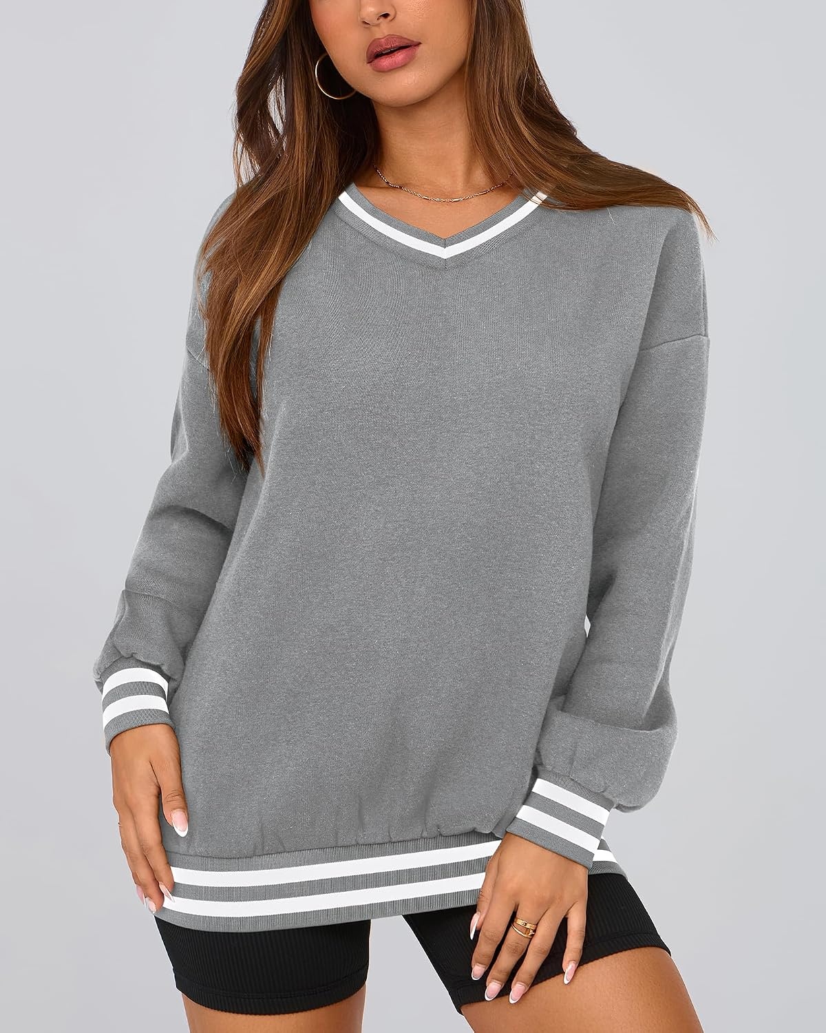 image:imagePRETTYGARDEN Womens Fall Color Block Oversized SweatshirtsLight Grey