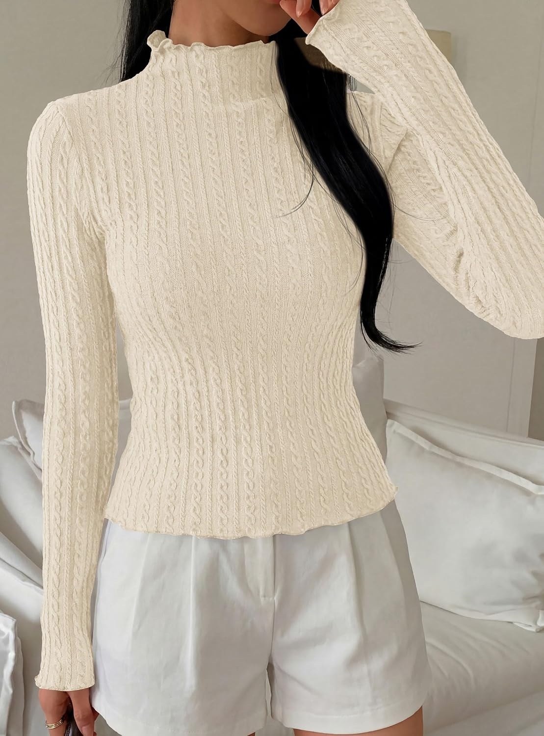 image:imagePRETTYGARDEN Womens Long Sleeve Shirts Fall Fashion Mock Neck Cute TopsBeige
