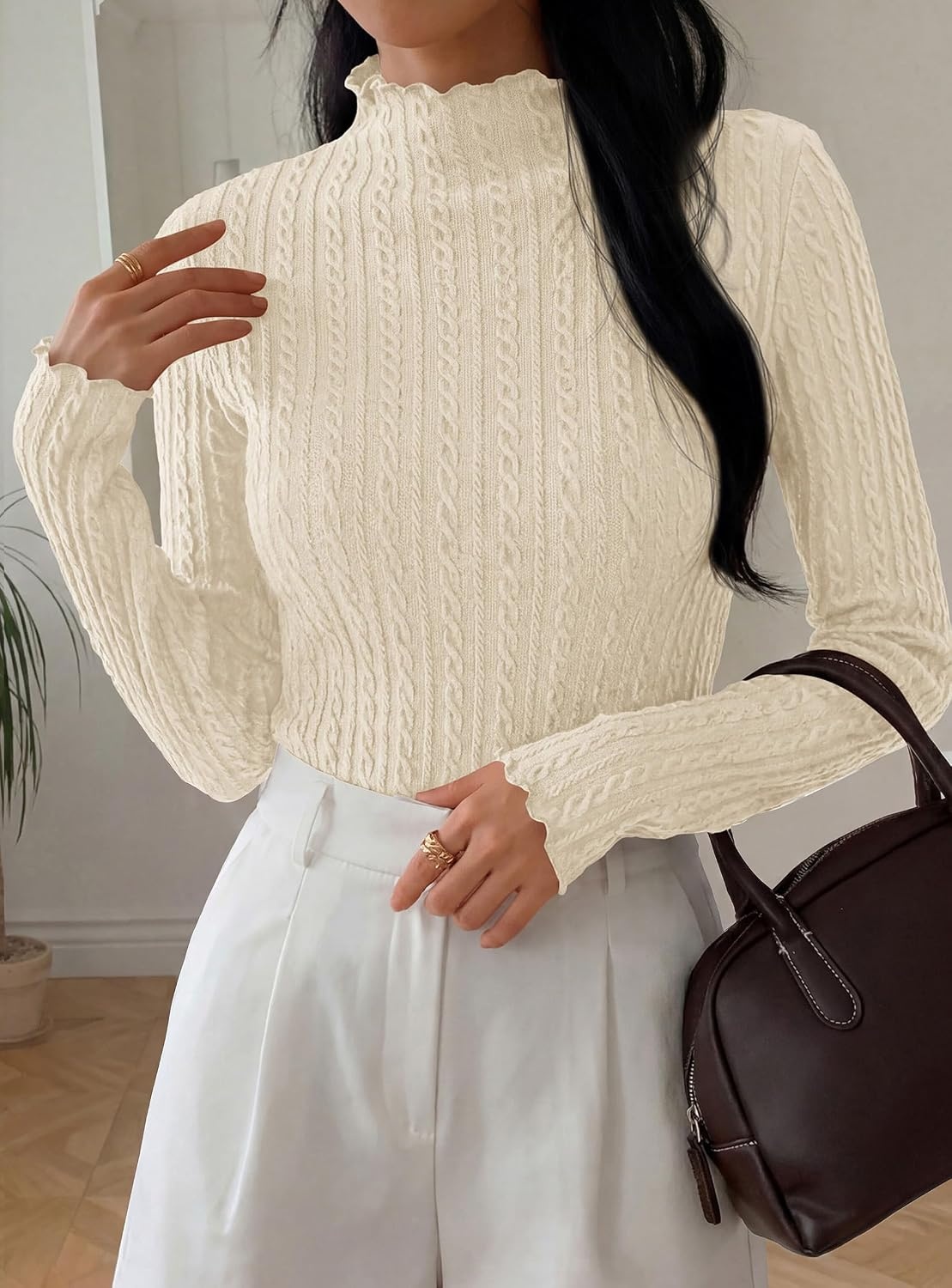 image:imagePRETTYGARDEN Womens Long Sleeve Shirts Fall Fashion Mock Neck Cute TopsBeige