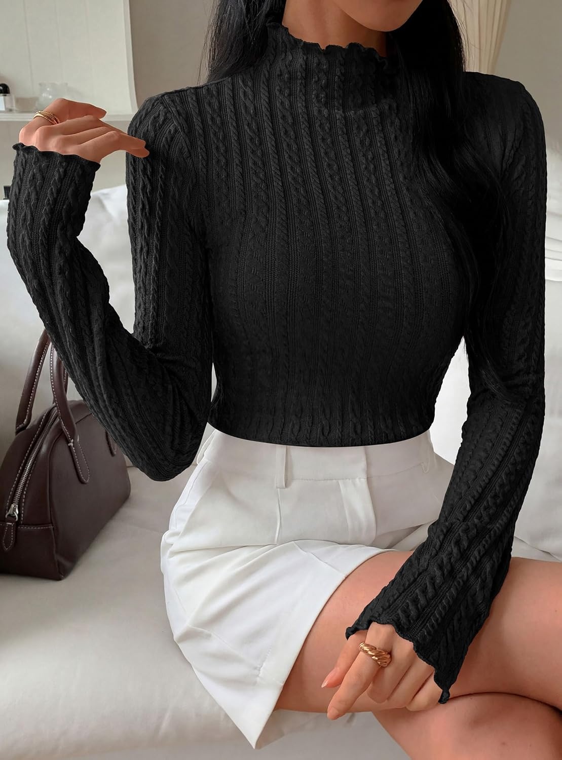 image:imagePRETTYGARDEN Womens Long Sleeve Shirts Fall Fashion Mock Neck Cute TopsBlack
