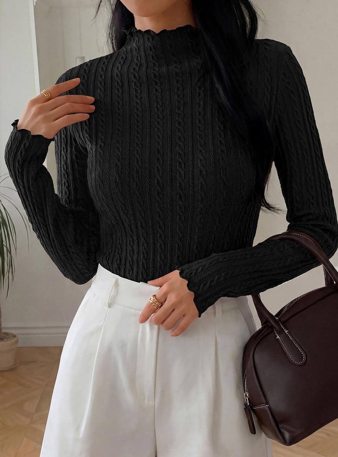 image:imagePRETTYGARDEN Womens Long Sleeve Shirts Fall Fashion Mock Neck Cute TopsBlack