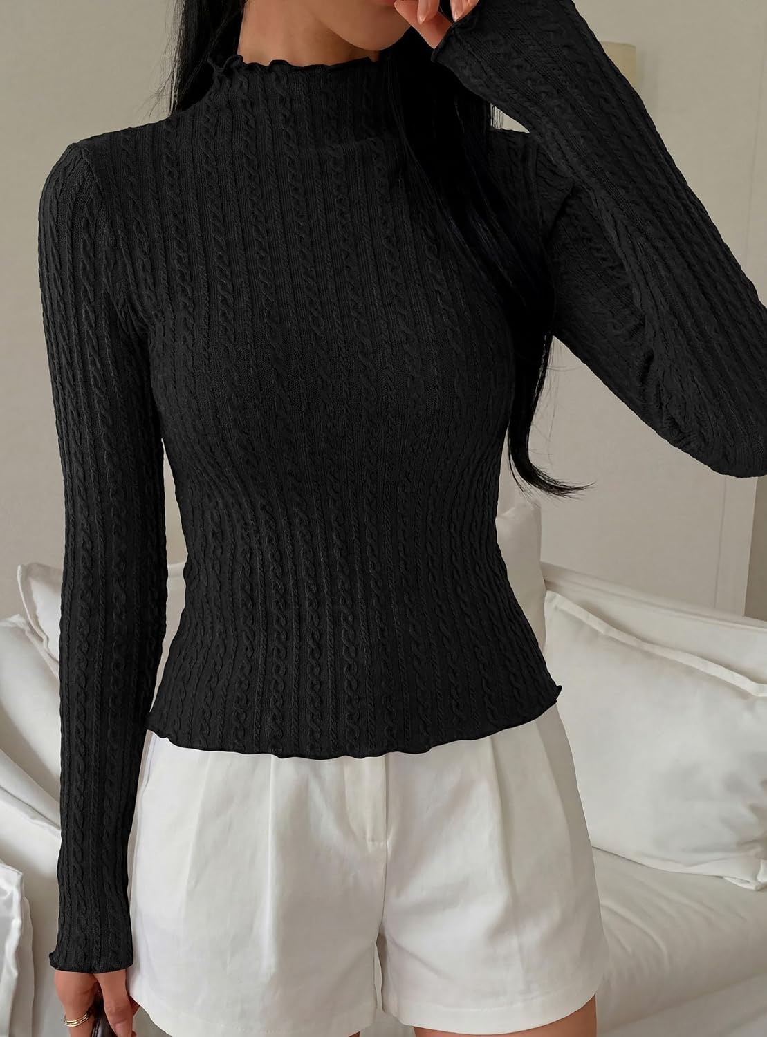 image:imagePRETTYGARDEN Womens Long Sleeve Shirts Fall Fashion Mock Neck Cute TopsBlack