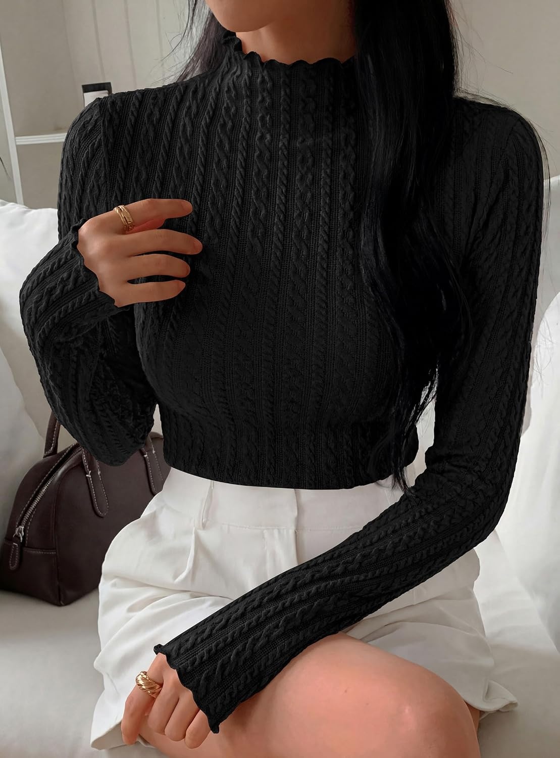 image:imagePRETTYGARDEN Womens Long Sleeve Shirts Fall Fashion Mock Neck Cute TopsBlack