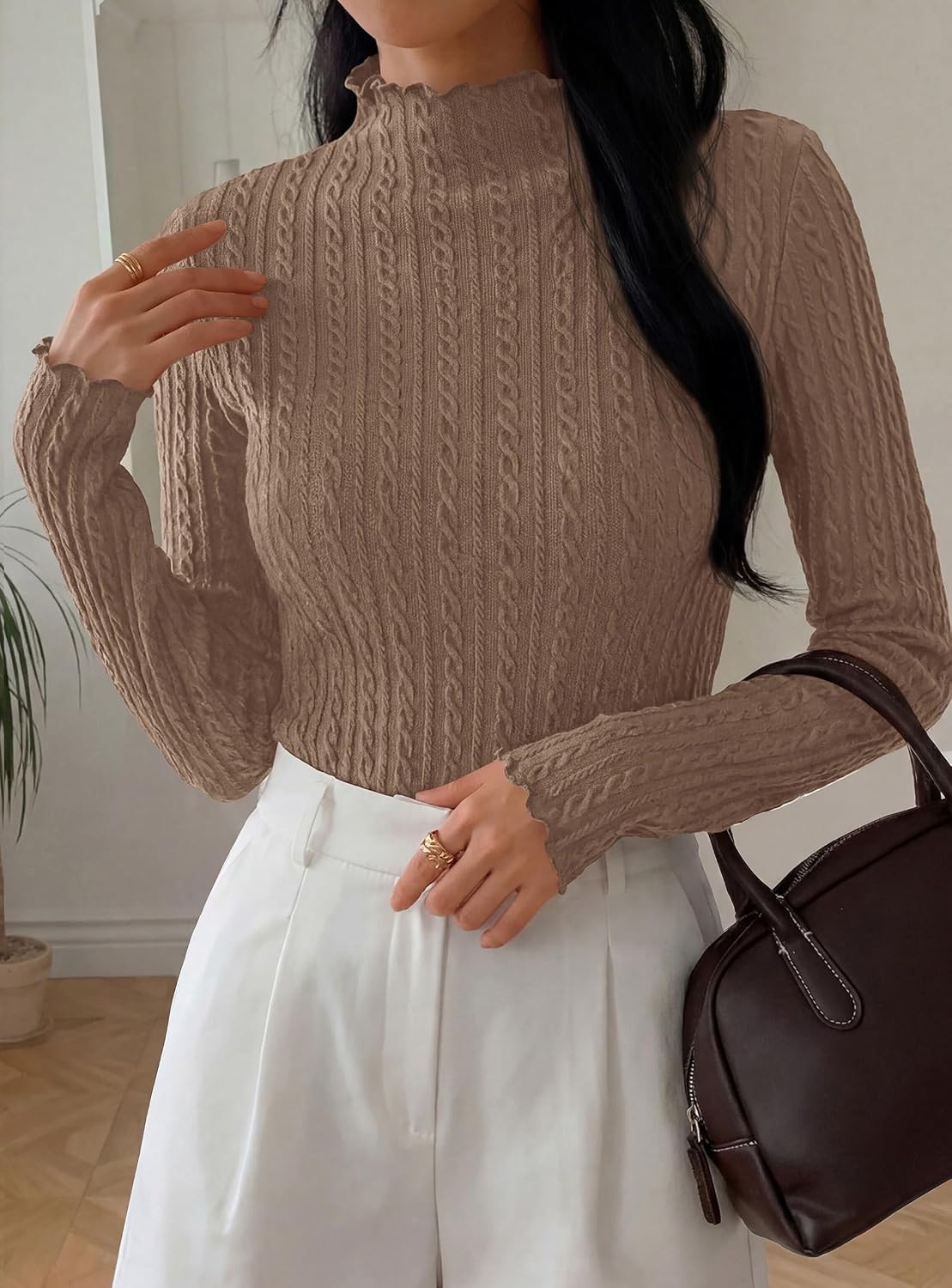 image:imagePRETTYGARDEN Womens Long Sleeve Shirts Fall Fashion Mock Neck Cute TopsKhaki