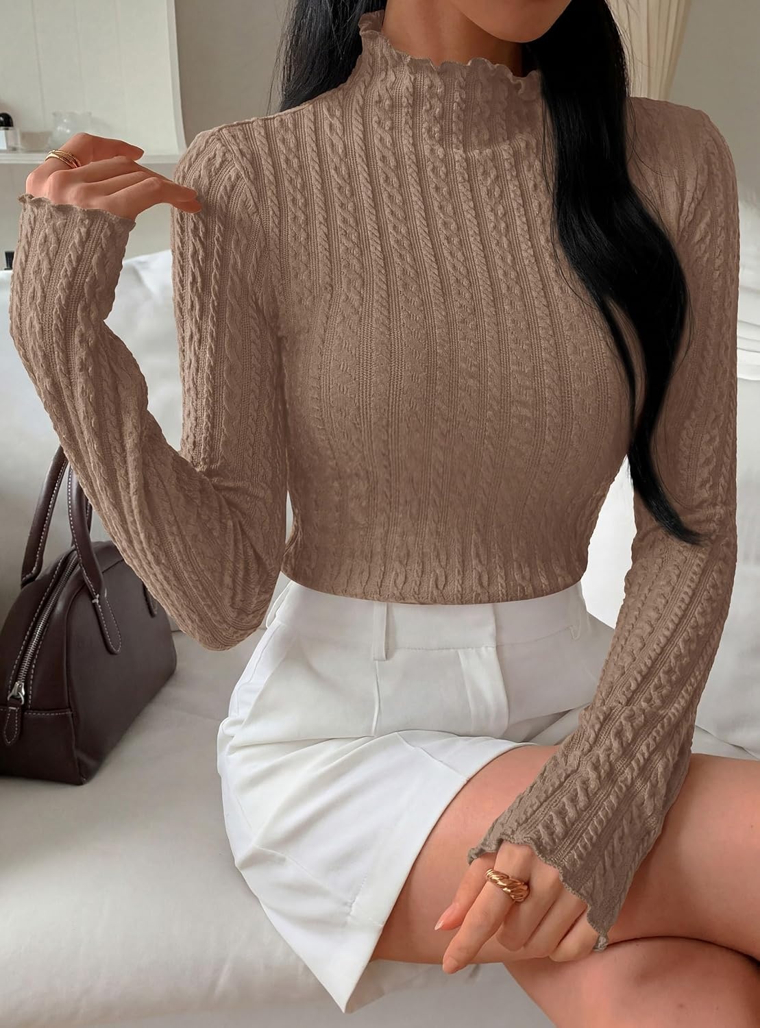 image:imagePRETTYGARDEN Womens Long Sleeve Shirts Fall Fashion Mock Neck Cute TopsKhaki
