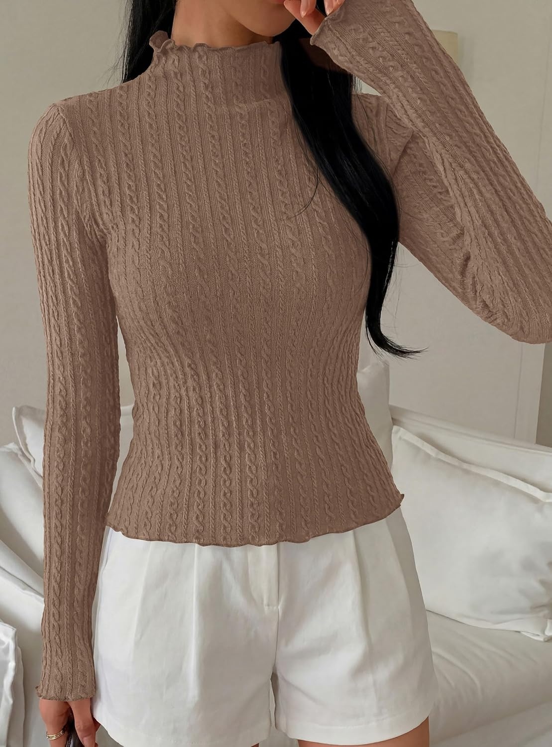 image:imagePRETTYGARDEN Womens Long Sleeve Shirts Fall Fashion Mock Neck Cute TopsKhaki