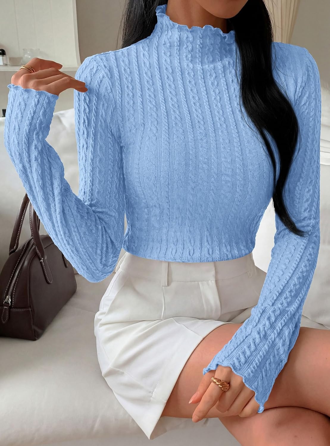 image:imagePRETTYGARDEN Womens Long Sleeve Shirts Fall Fashion Mock Neck Cute TopsLight Blue