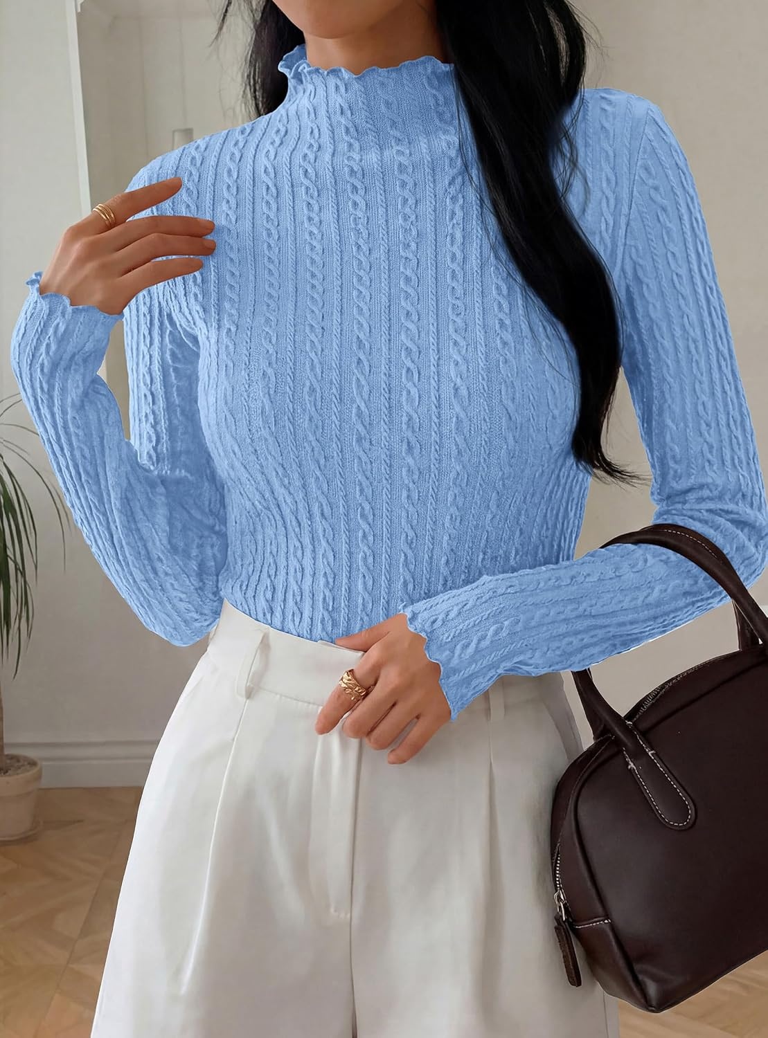 image:imagePRETTYGARDEN Womens Long Sleeve Shirts Fall Fashion Mock Neck Cute TopsLight Blue