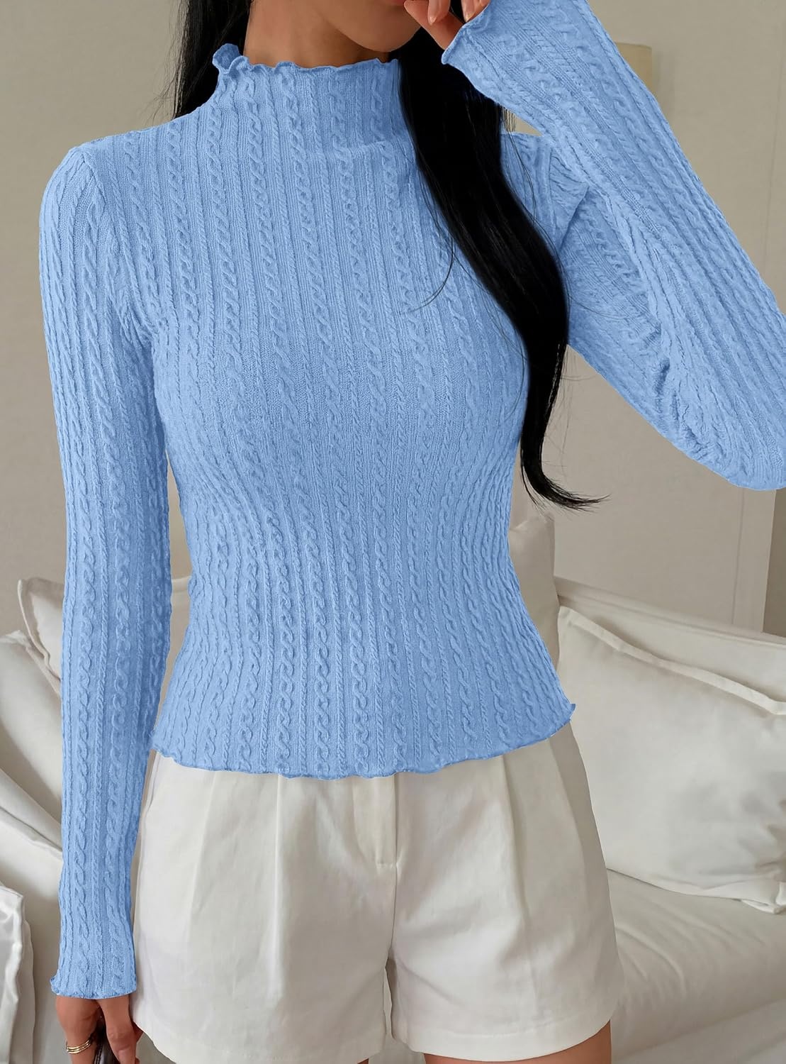 image:imagePRETTYGARDEN Womens Long Sleeve Shirts Fall Fashion Mock Neck Cute TopsLight Blue