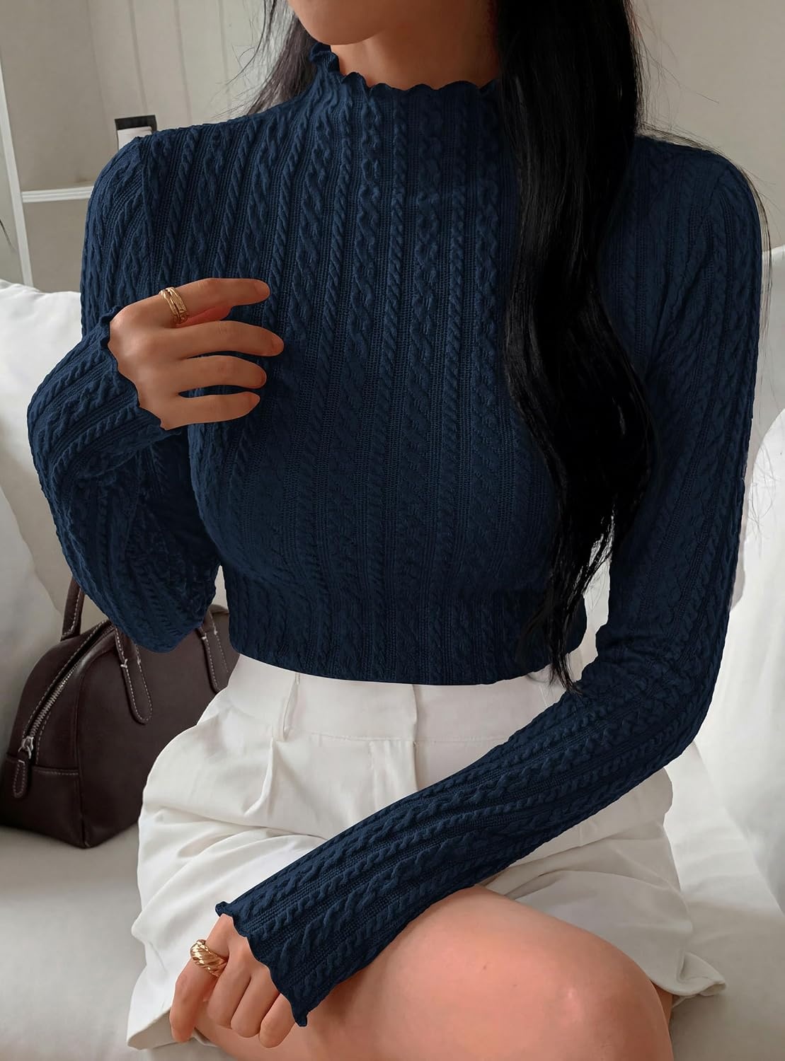 image:imagePRETTYGARDEN Womens Long Sleeve Shirts Fall Fashion Mock Neck Cute TopsNavy Blue