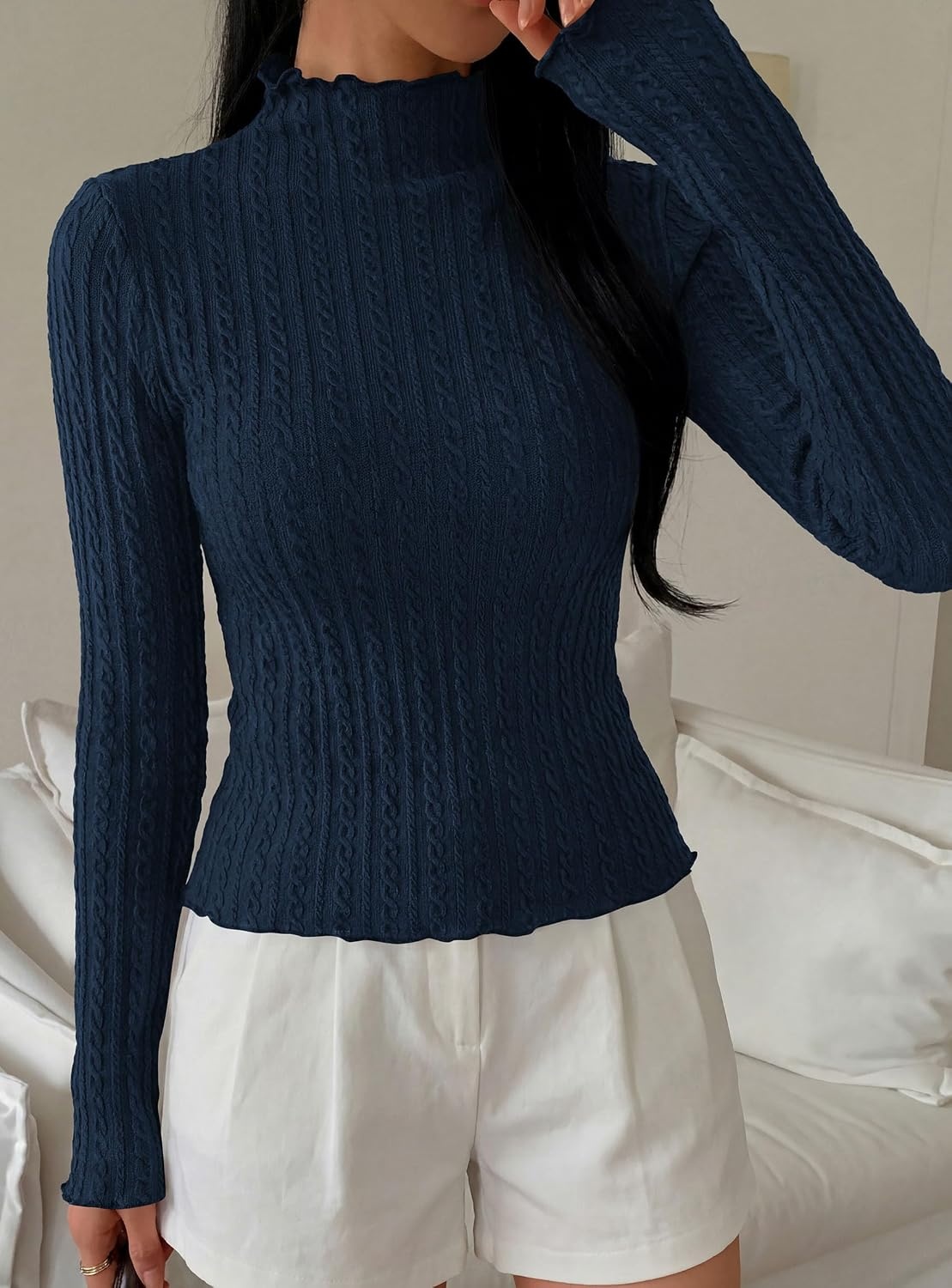 image:imagePRETTYGARDEN Womens Long Sleeve Shirts Fall Fashion Mock Neck Cute TopsNavy Blue