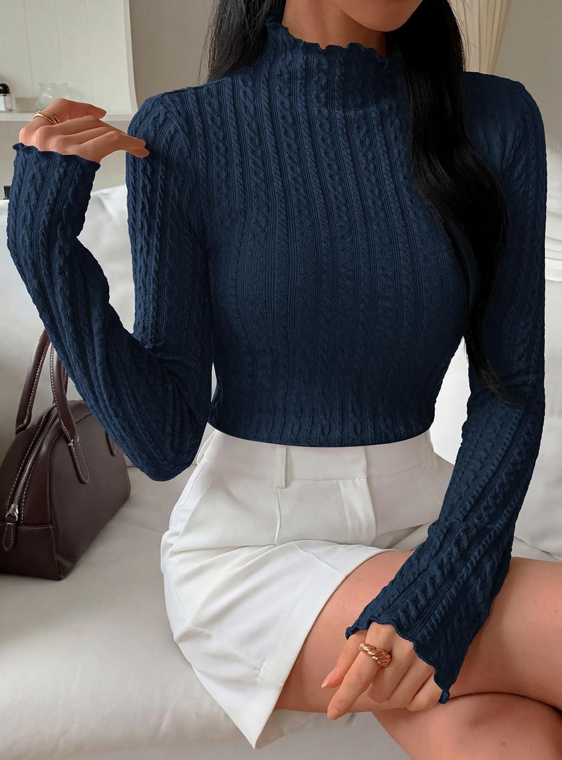 image:imagePRETTYGARDEN Womens Long Sleeve Shirts Fall Fashion Mock Neck Cute TopsNavy Blue