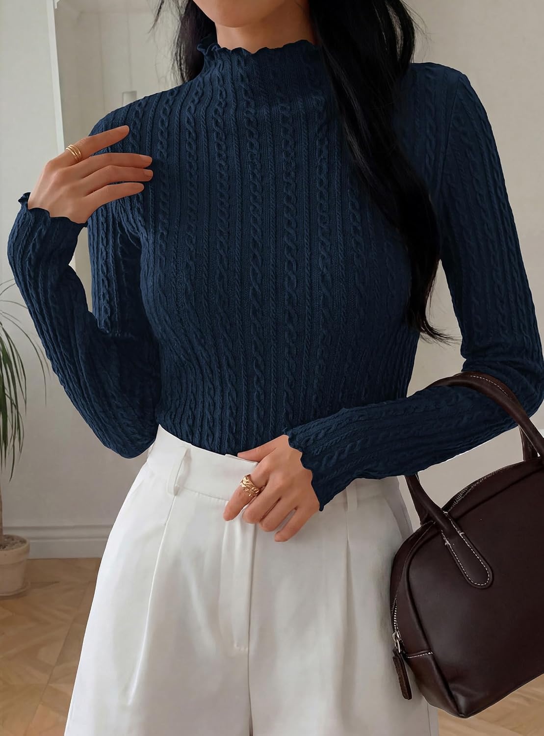 image:imagePRETTYGARDEN Womens Long Sleeve Shirts Fall Fashion Mock Neck Cute TopsNavy Blue