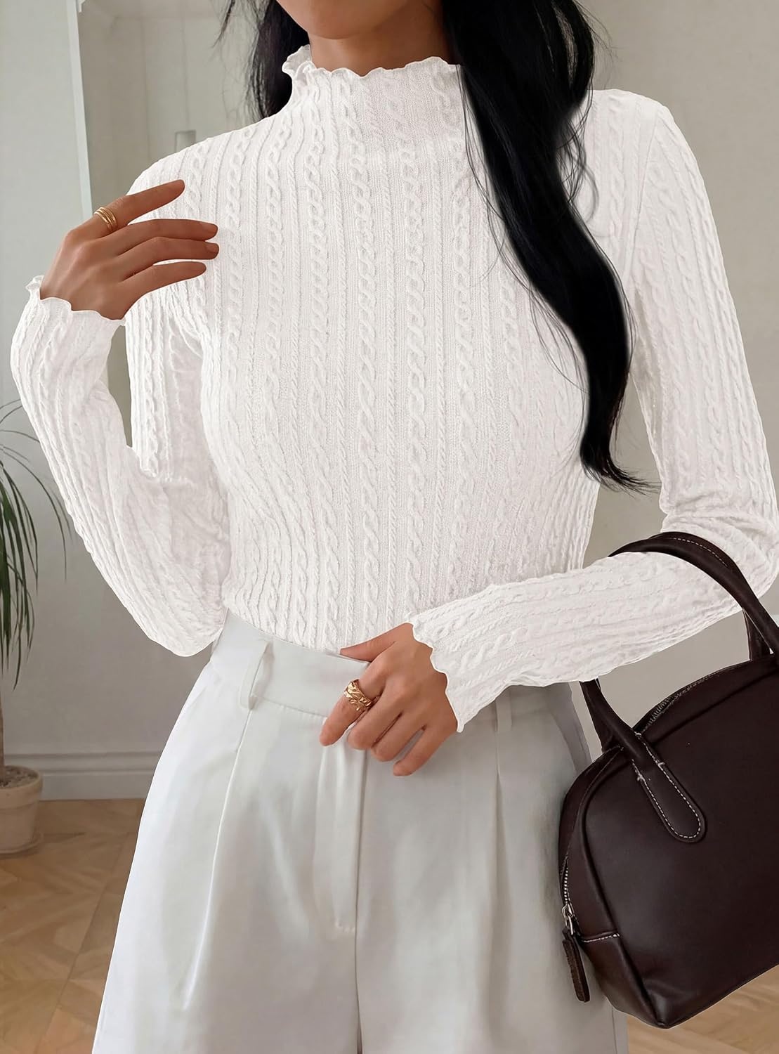 image:imagePRETTYGARDEN Womens Long Sleeve Shirts Fall Fashion Mock Neck Cute TopsWhite