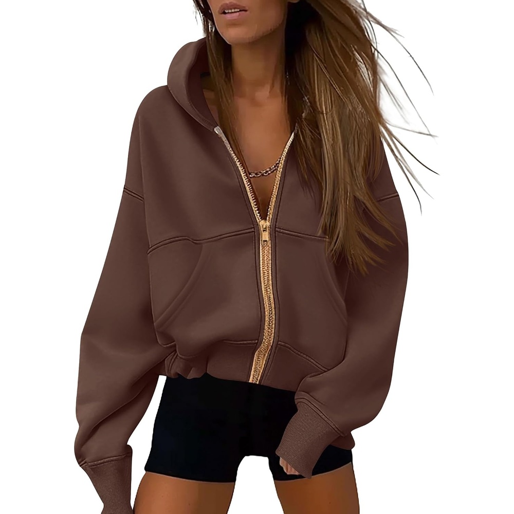 image:imagePRETTYGARDEN Hoodies for Women Fall Fashion Zip Up Fleece Plain SweatshirtBrown Coffee