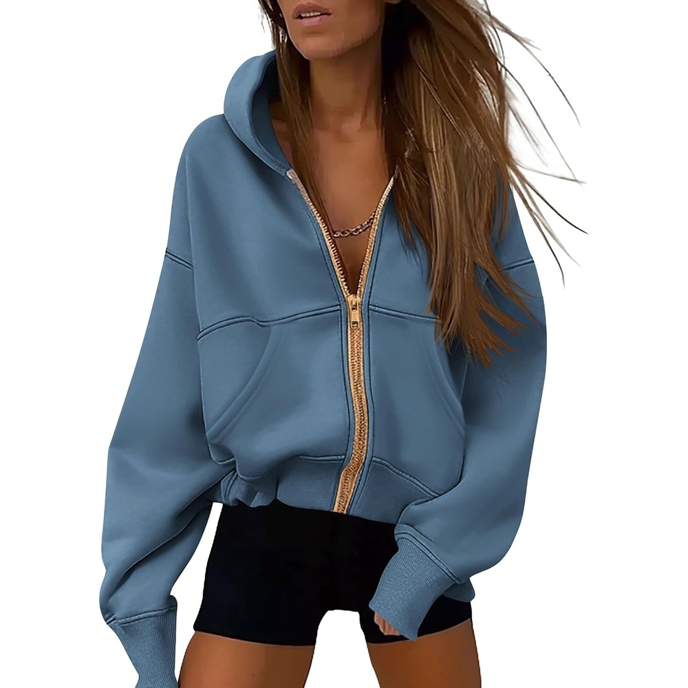 image:imagePRETTYGARDEN Hoodies for Women Fall Fashion Zip Up Fleece Plain SweatshirtGrey Blue