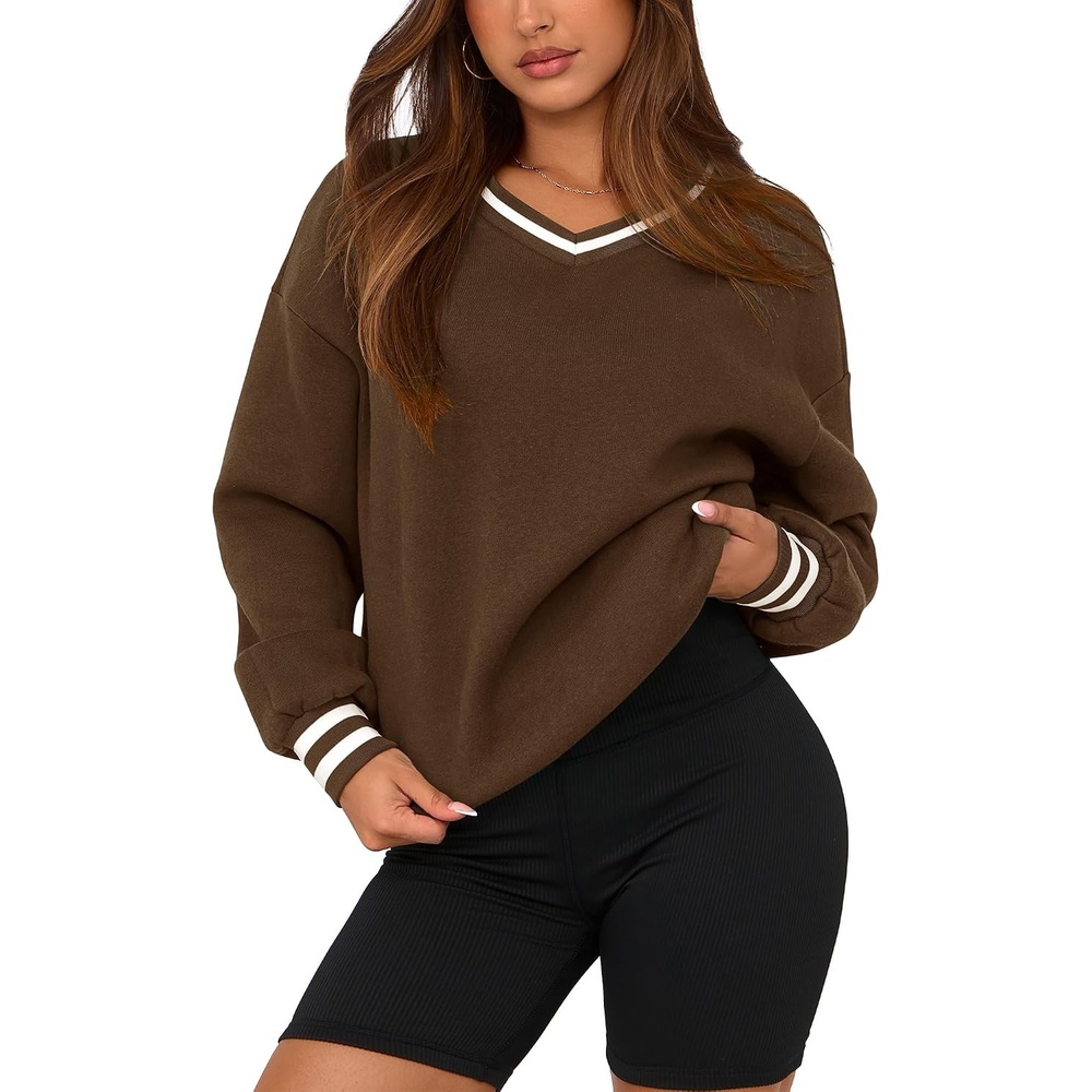 image:imagePRETTYGARDEN Womens Fall Color Block Oversized SweatshirtsBrown