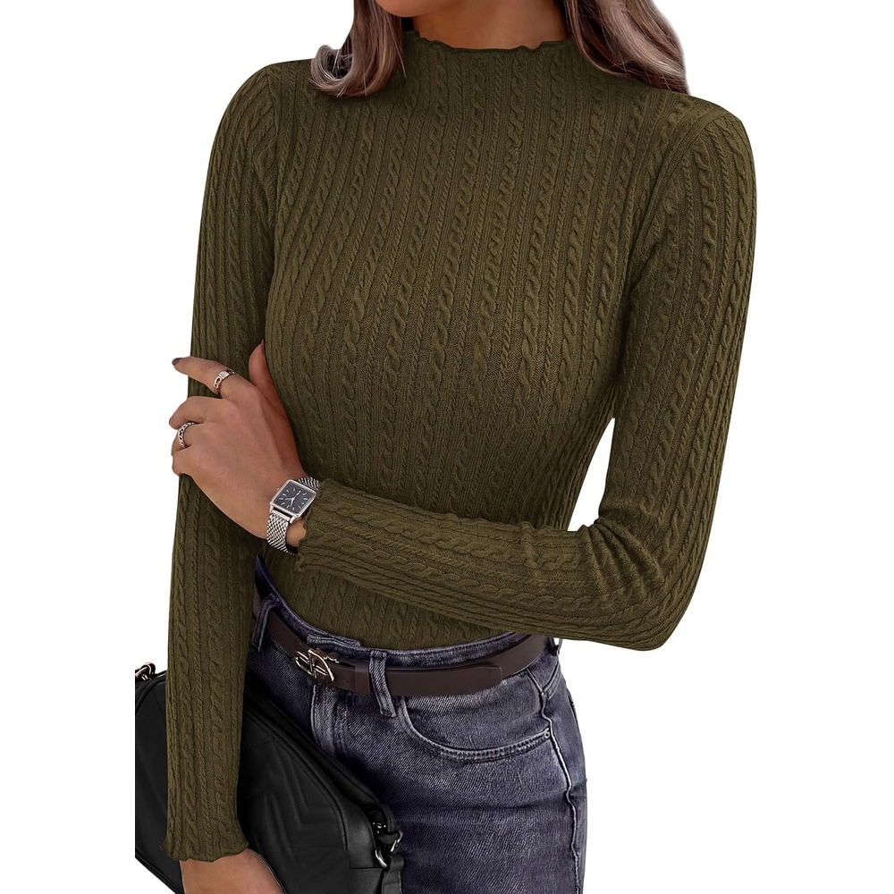 image:imagePRETTYGARDEN Womens Long Sleeve Shirts Fall Fashion Mock Neck Cute TopsArmy Green