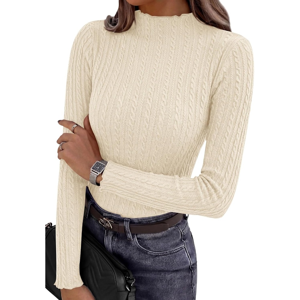image:imagePRETTYGARDEN Womens Long Sleeve Shirts Fall Fashion Mock Neck Cute TopsBeige