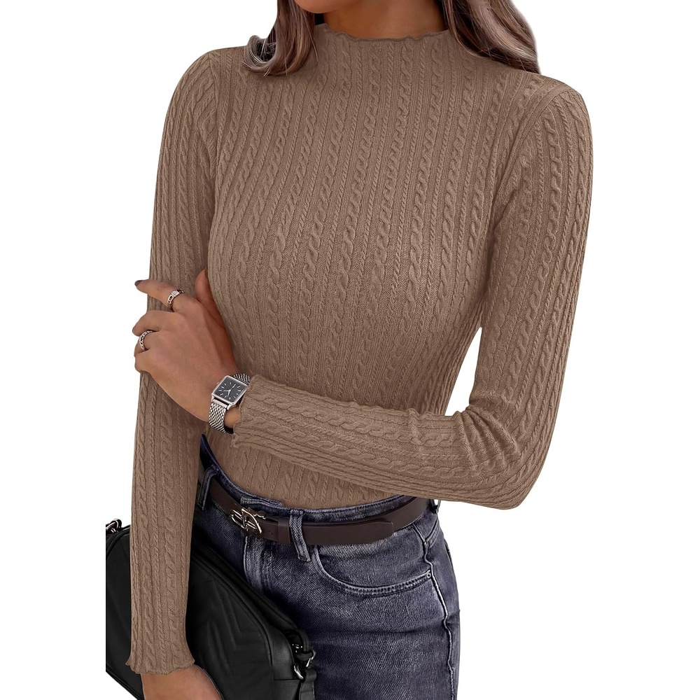 image:imagePRETTYGARDEN Womens Long Sleeve Shirts Fall Fashion Mock Neck Cute TopsKhaki