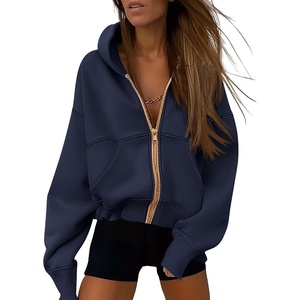 PRETTYGARDEN Hoodies for Women Fall Fashion Zip Up Fleece Plain Sweatshirt(Navy)