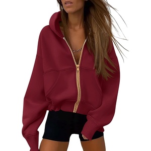 PRETTYGARDEN Hoodies for Women Fall Fashion Zip Up Fleece Plain Sweatshirt(Wine Red)