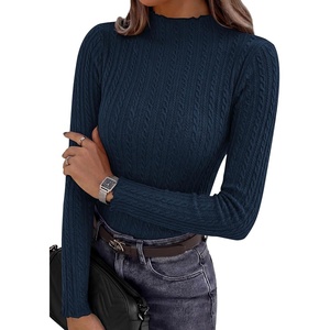 PRETTYGARDEN Women’s Long Sleeve Shirts Fall Fashion Mock Neck Cute Tops(Navy Blue)