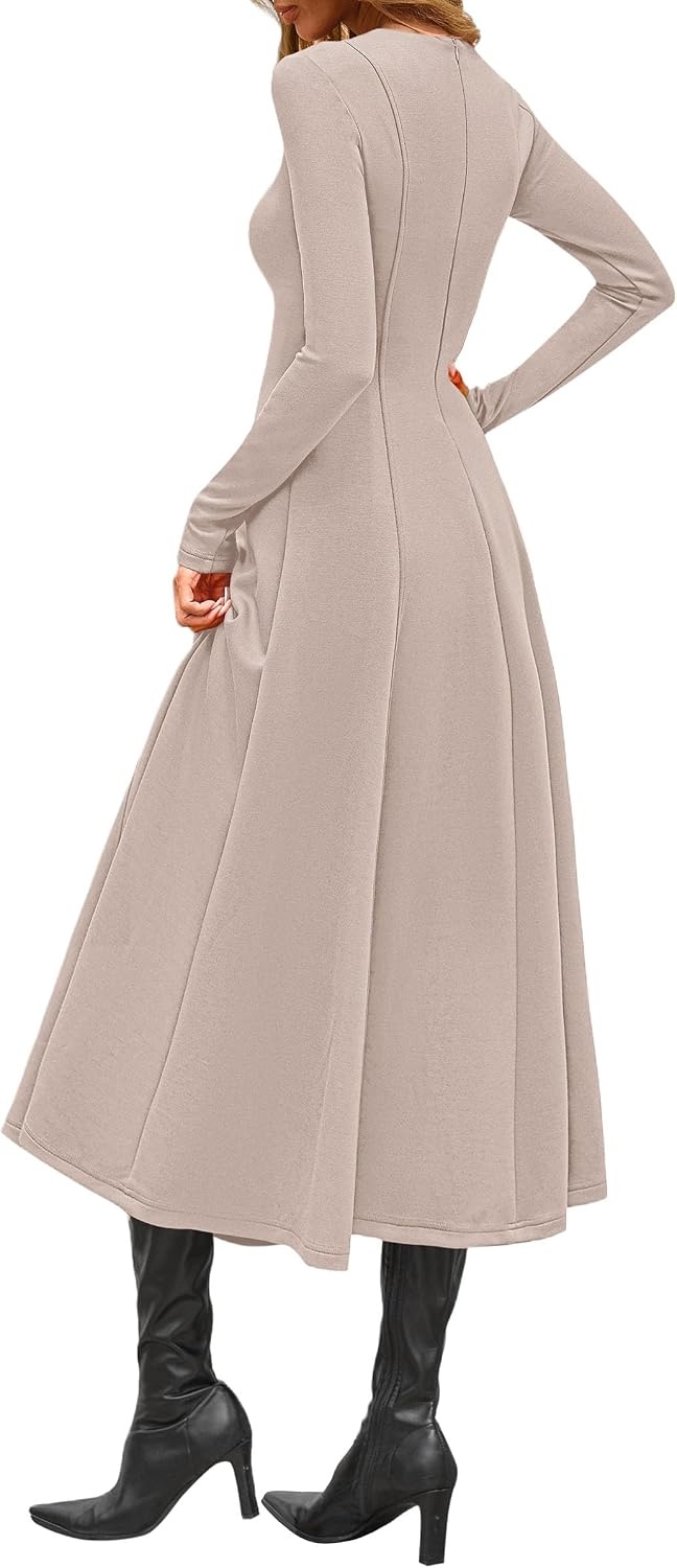 image:imagePRETTYGARDEN Womens Fall Long Sleeve A Line Midi Elegant Cocktail DressApricot