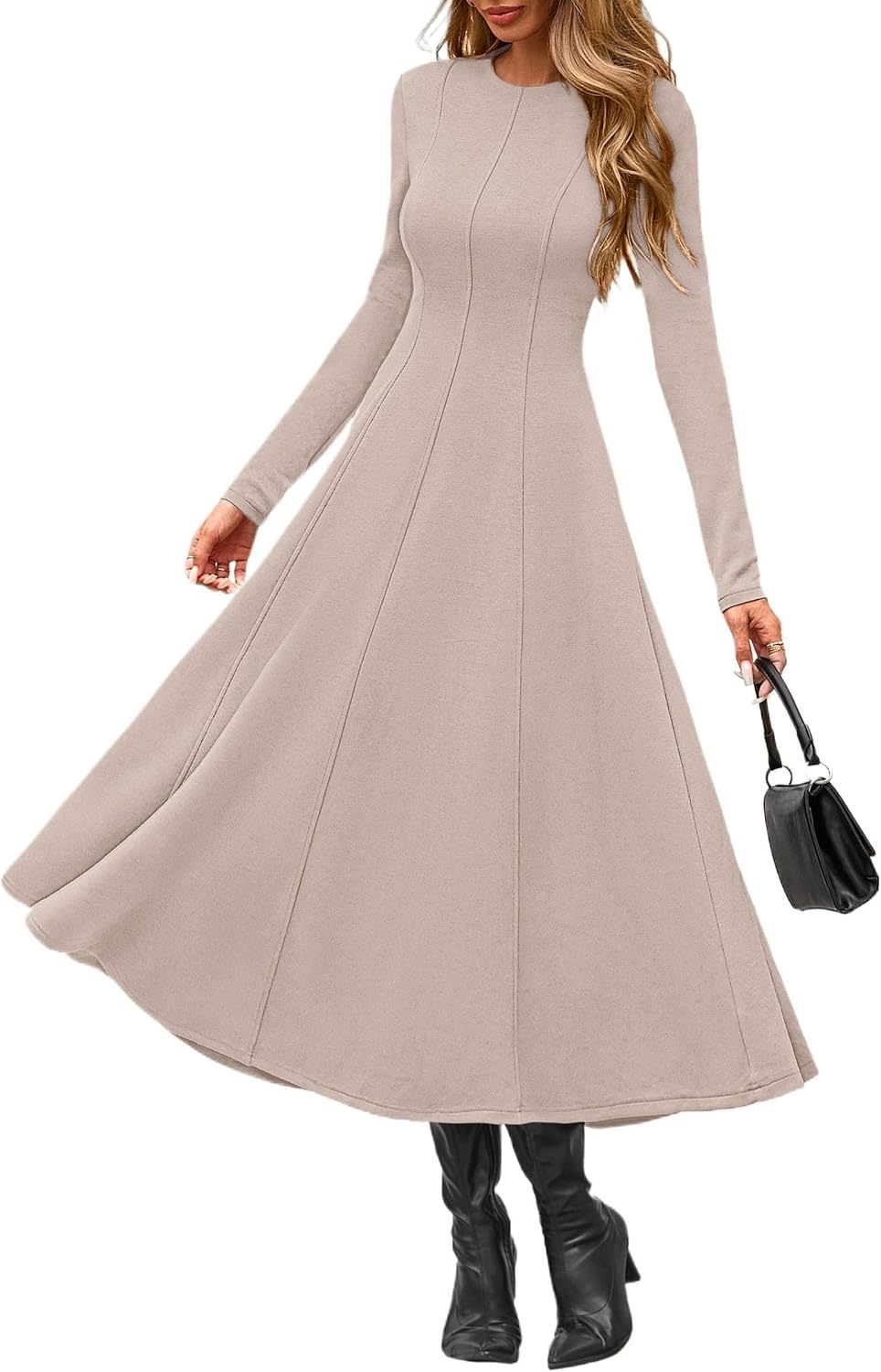 image:imagePRETTYGARDEN Womens Fall Long Sleeve A Line Midi Elegant Cocktail DressApricot