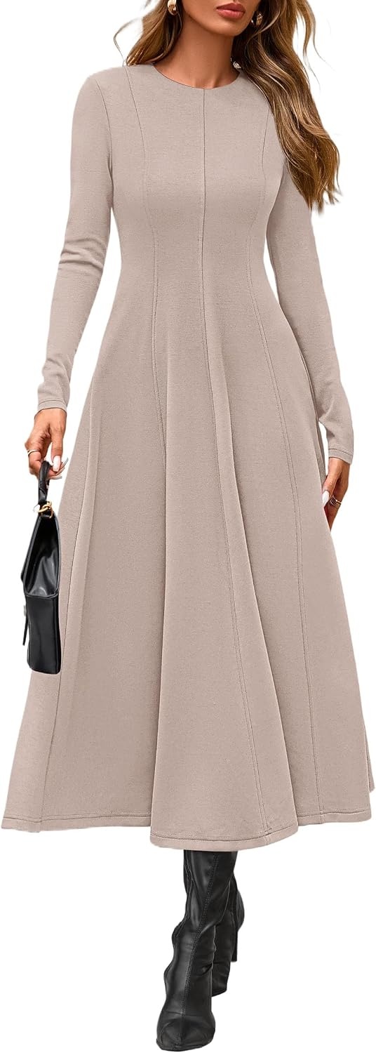 image:imagePRETTYGARDEN Womens Fall Long Sleeve A Line Midi Elegant Cocktail DressApricot