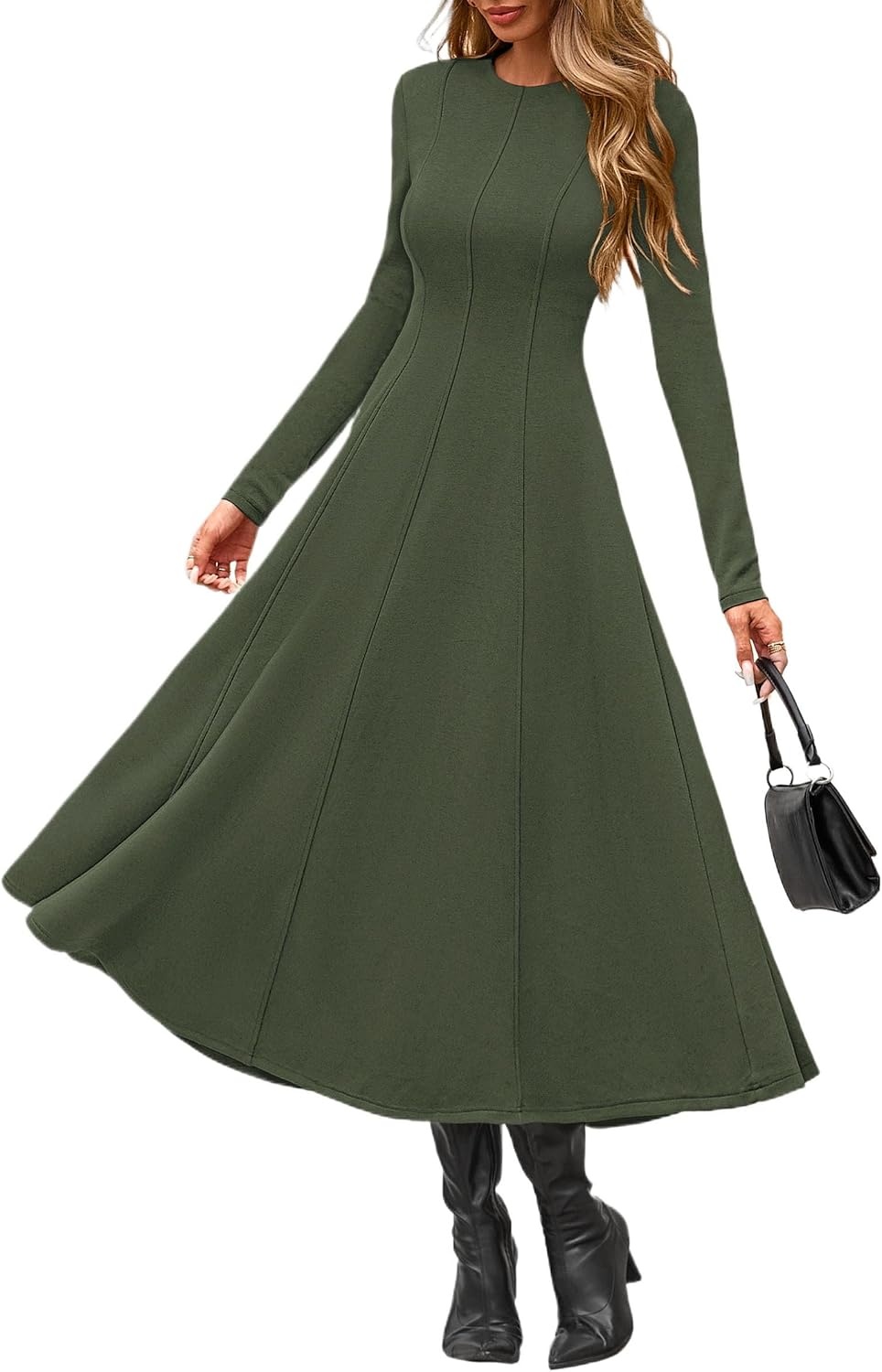 image:imagePRETTYGARDEN Womens Fall Long Sleeve A Line Midi Elegant Cocktail DressArmy Green