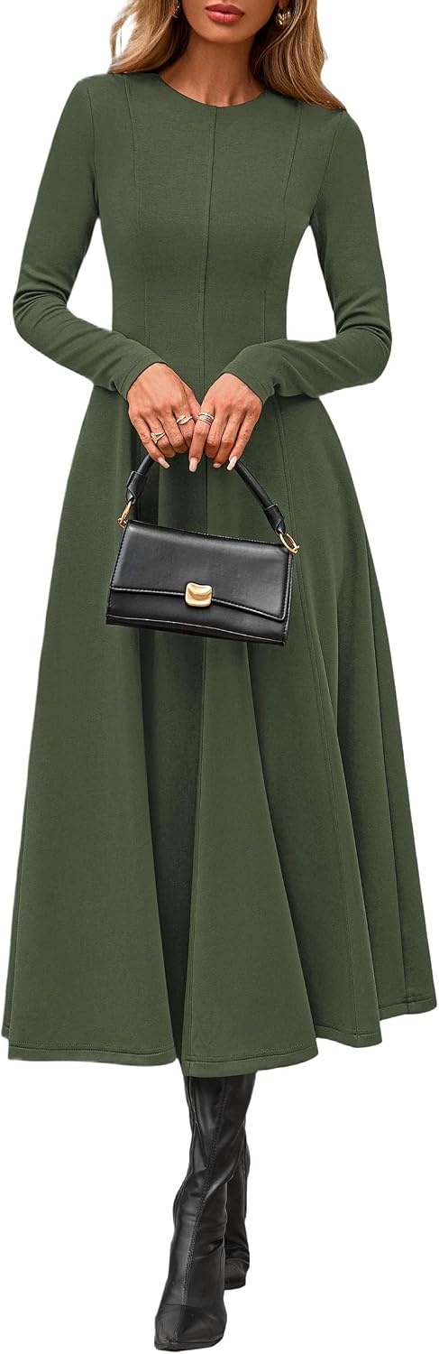 image:imagePRETTYGARDEN Womens Fall Long Sleeve A Line Midi Elegant Cocktail DressArmy Green