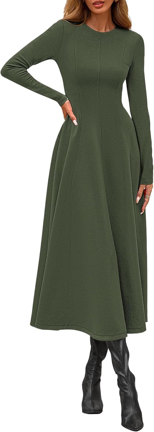 image:imagePRETTYGARDEN Womens Fall Long Sleeve A Line Midi Elegant Cocktail DressArmy Green