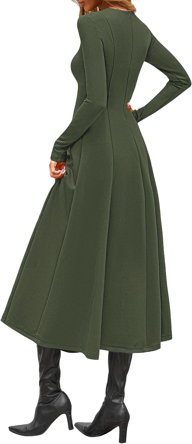 image:imagePRETTYGARDEN Womens Fall Long Sleeve A Line Midi Elegant Cocktail DressArmy Green
