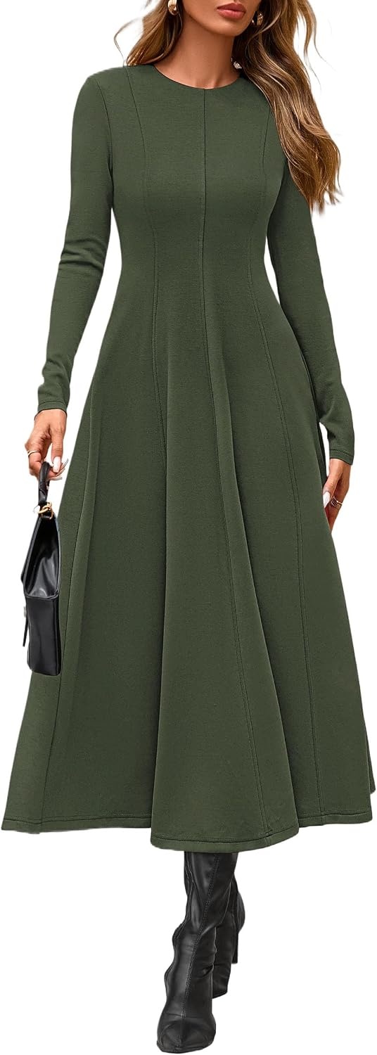 image:imagePRETTYGARDEN Womens Fall Long Sleeve A Line Midi Elegant Cocktail DressArmy Green