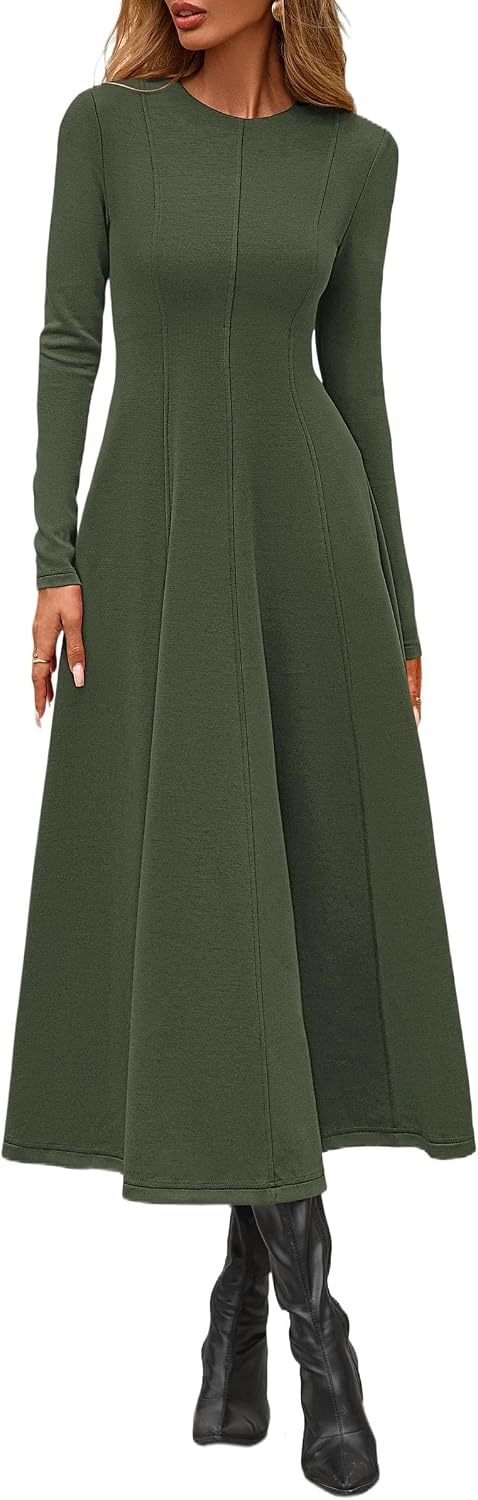 image:imagePRETTYGARDEN Womens Fall Long Sleeve A Line Midi Elegant Cocktail DressArmy Green