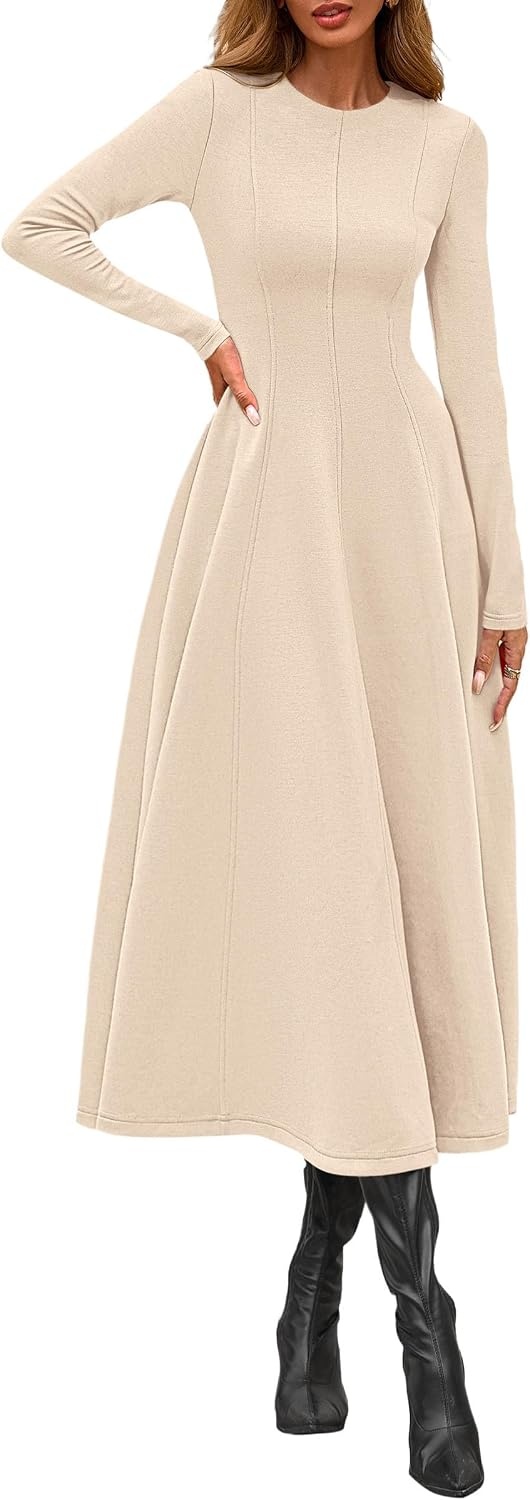 image:imagePRETTYGARDEN Womens Fall Long Sleeve A Line Midi Elegant Cocktail DressBeige