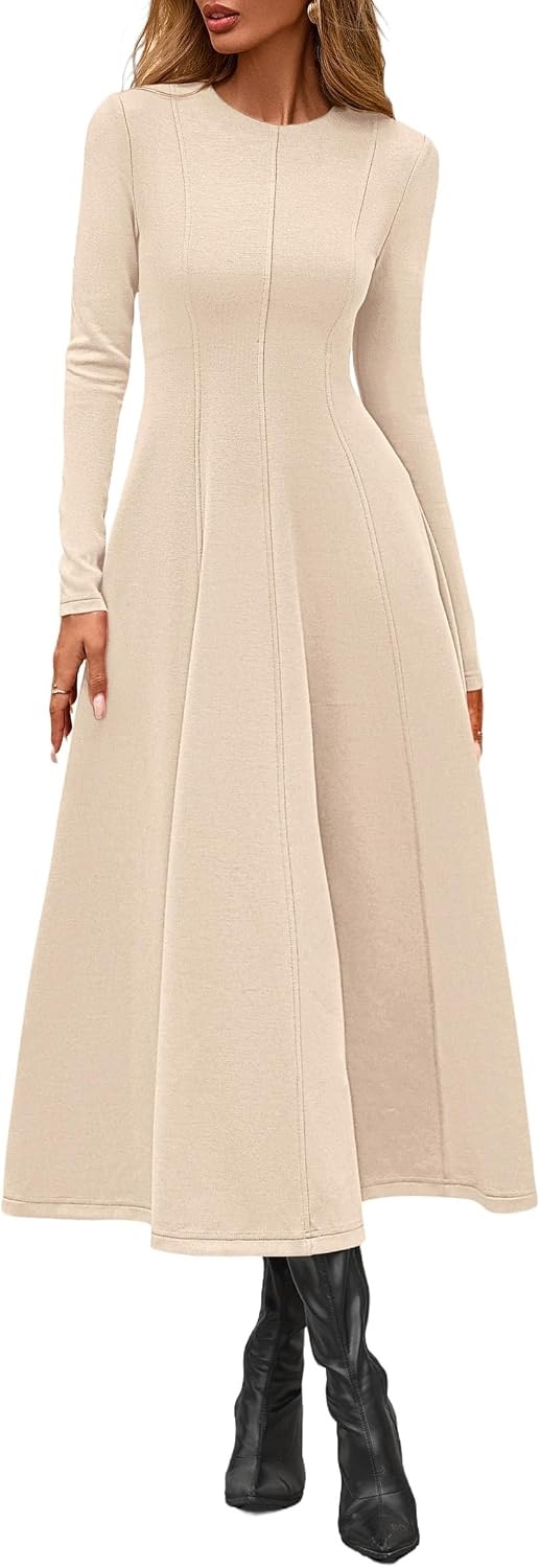 image:imagePRETTYGARDEN Womens Fall Long Sleeve A Line Midi Elegant Cocktail DressBeige